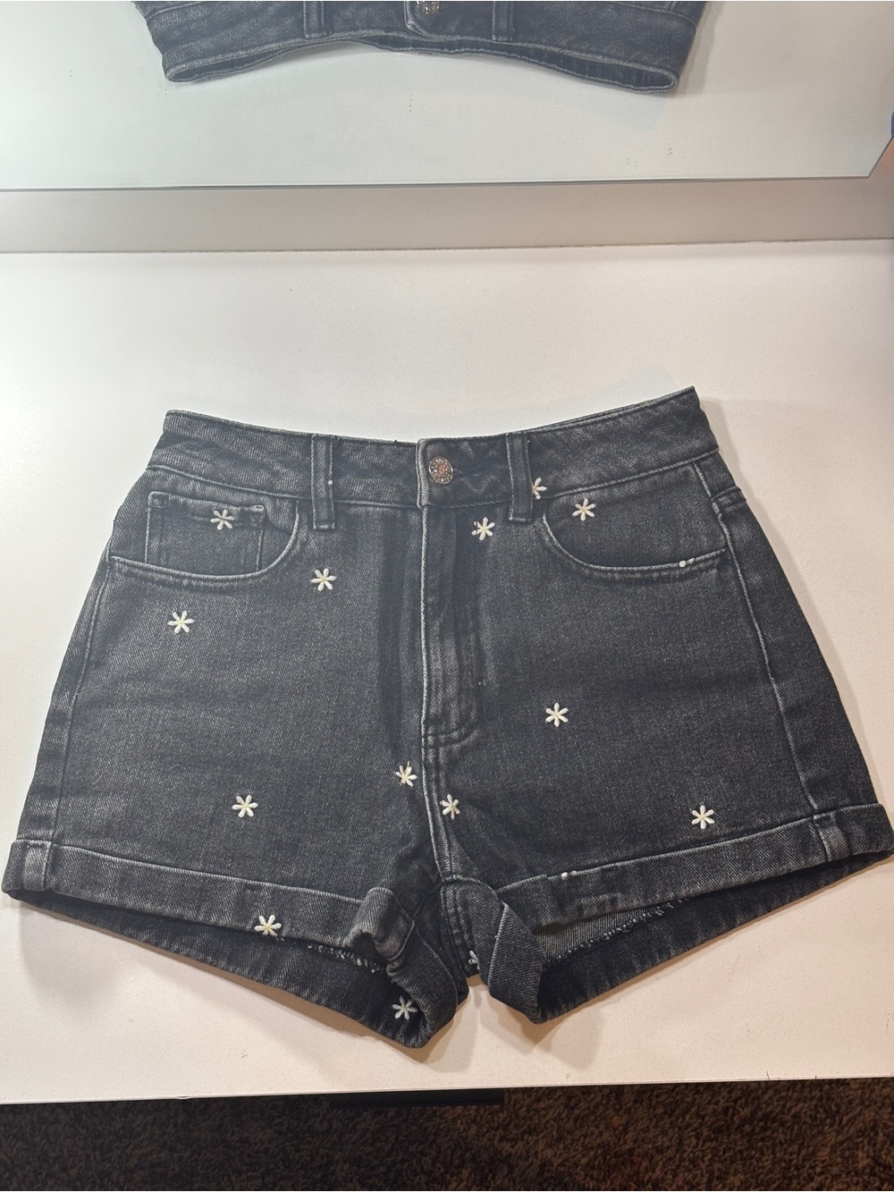 PacSun Black Daisy Embroidered High-Rise Denim Shorts